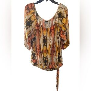 Judy Knapp Top Brown & Orange elastic neck & sleeves tie band on bottom Sz 2X